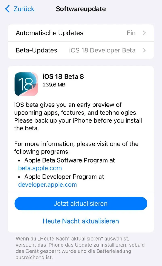 吉木乃苹果手机维修分享苹果 iOS / iPadOS 18 开发者预览版 Beta 8 发布 